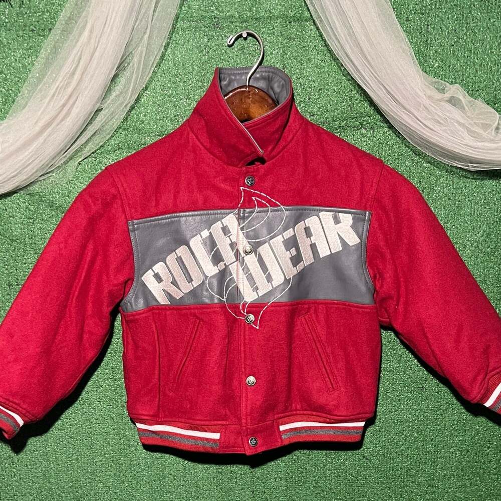 Kids Vintage Rocawear Red Wool Varsity Bomber Jacket w/ Grey Leather Collar
